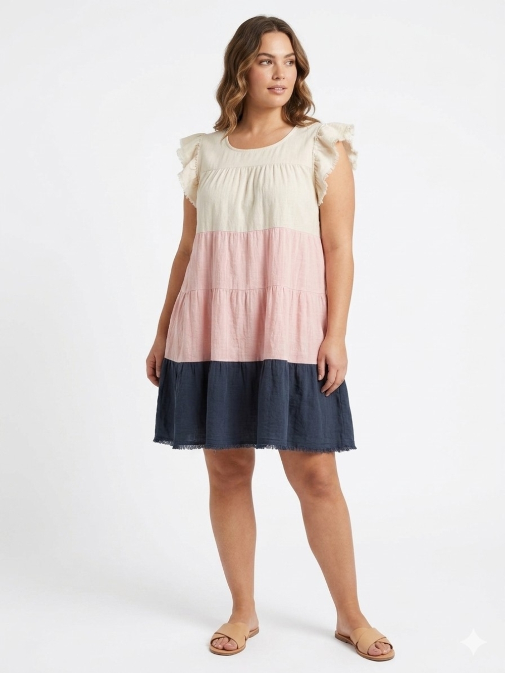 Umgee Colorblock Tiered Mini Dress in Cream, Pink & Navy 100% Cotton